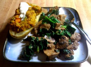 Sauteed Seitan with Mushrooms and Spinach with Stuffed Potatoes on the Side